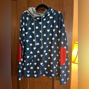 Heart Patterned Navy Hoodie with Red Accents